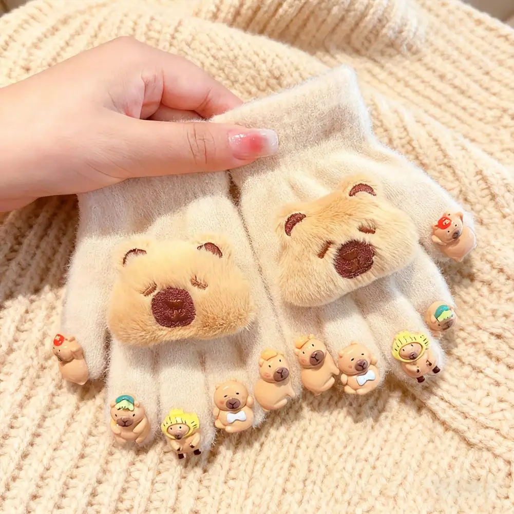 Cute Cartoon Capybara Winter Child Gloves Five Finger Cold-proof Warm Outdoors Boys Girls Mitten Knitted Fluffy Bear Gloves