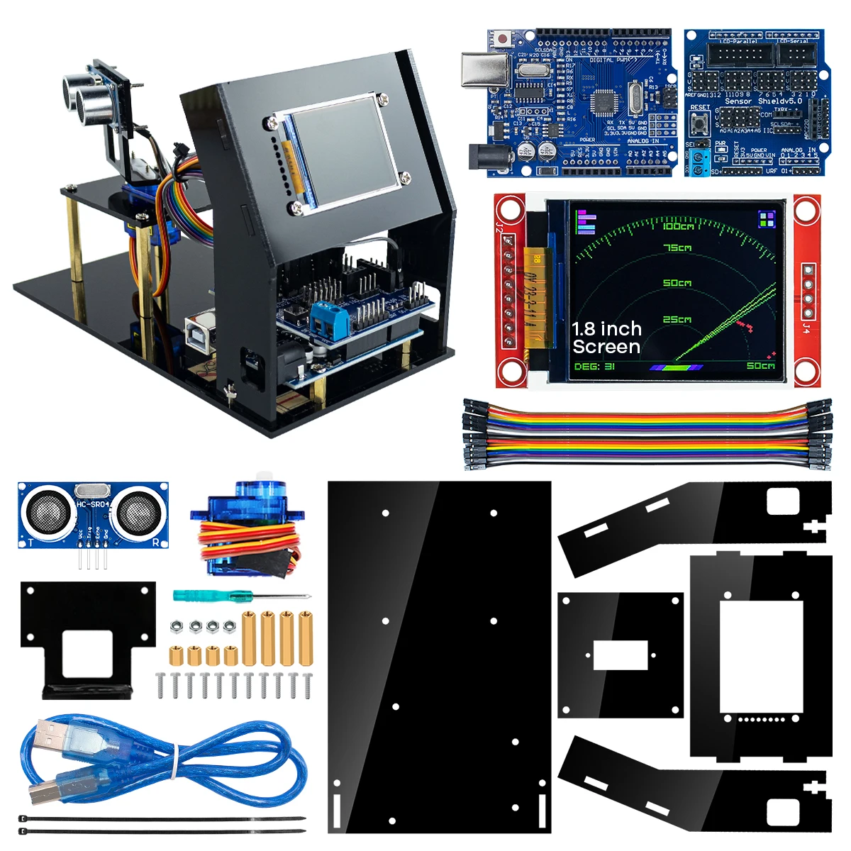 LAFVIN Simulation Ultrasonic Radar Sensor Module for Arduino DIY Kit 180-Degree Scanning Detector With 1.8