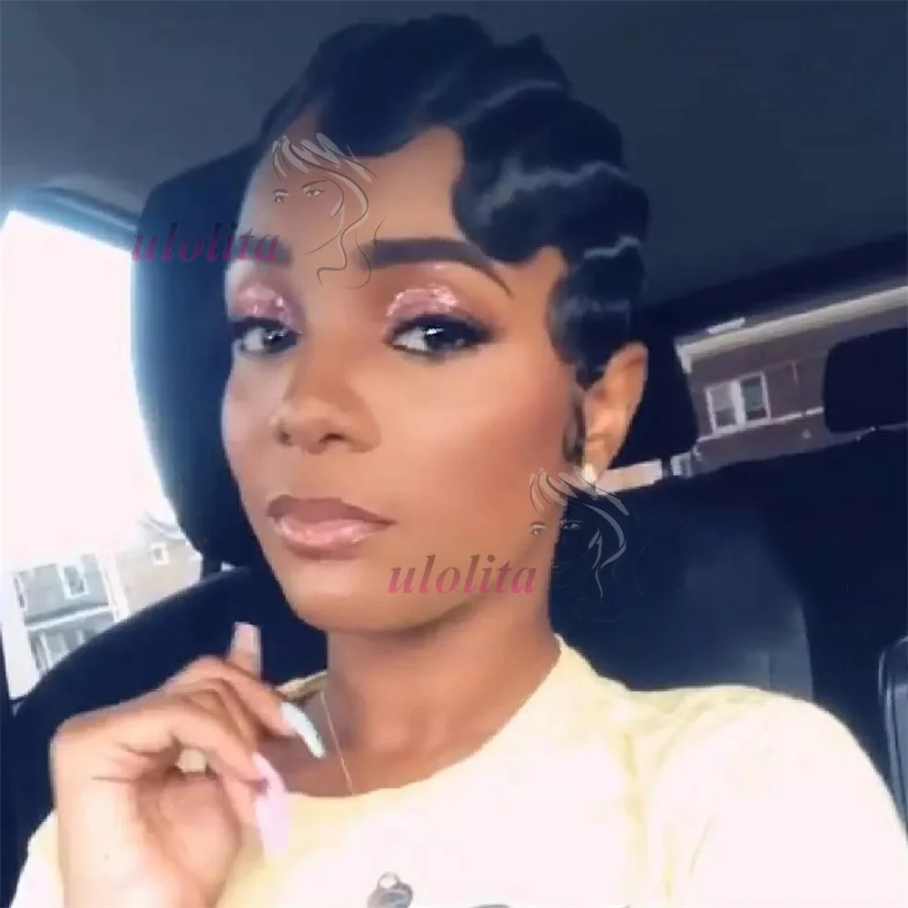 Pixie Cut Finger Wave Kurze Bob-Perücken für Schwarze Frauen, Echthaar Ocean Wave Kurze Indische Echthaar-Perücke 13X4 Lace Front Perücken – Detail 8