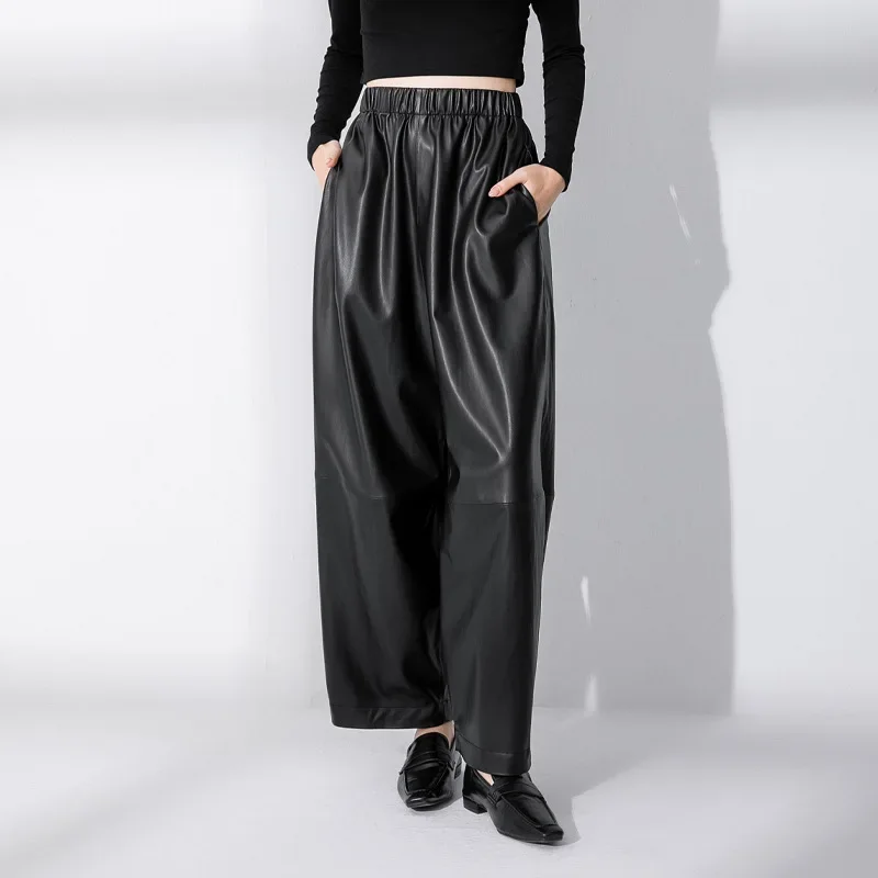 New Pu Wide Leg Pants Black Casual Womens Ankle Length Pants Autumn Winter Loose Fashion Solid Color All-match Pants for Women