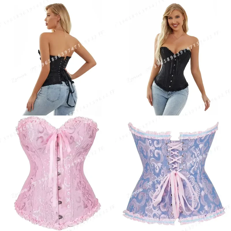 Women Jacquard Corset Top Overbust Bustier Victorian Sexy Lace Up Floral Lingerie Vintage Gothic Basques Costume