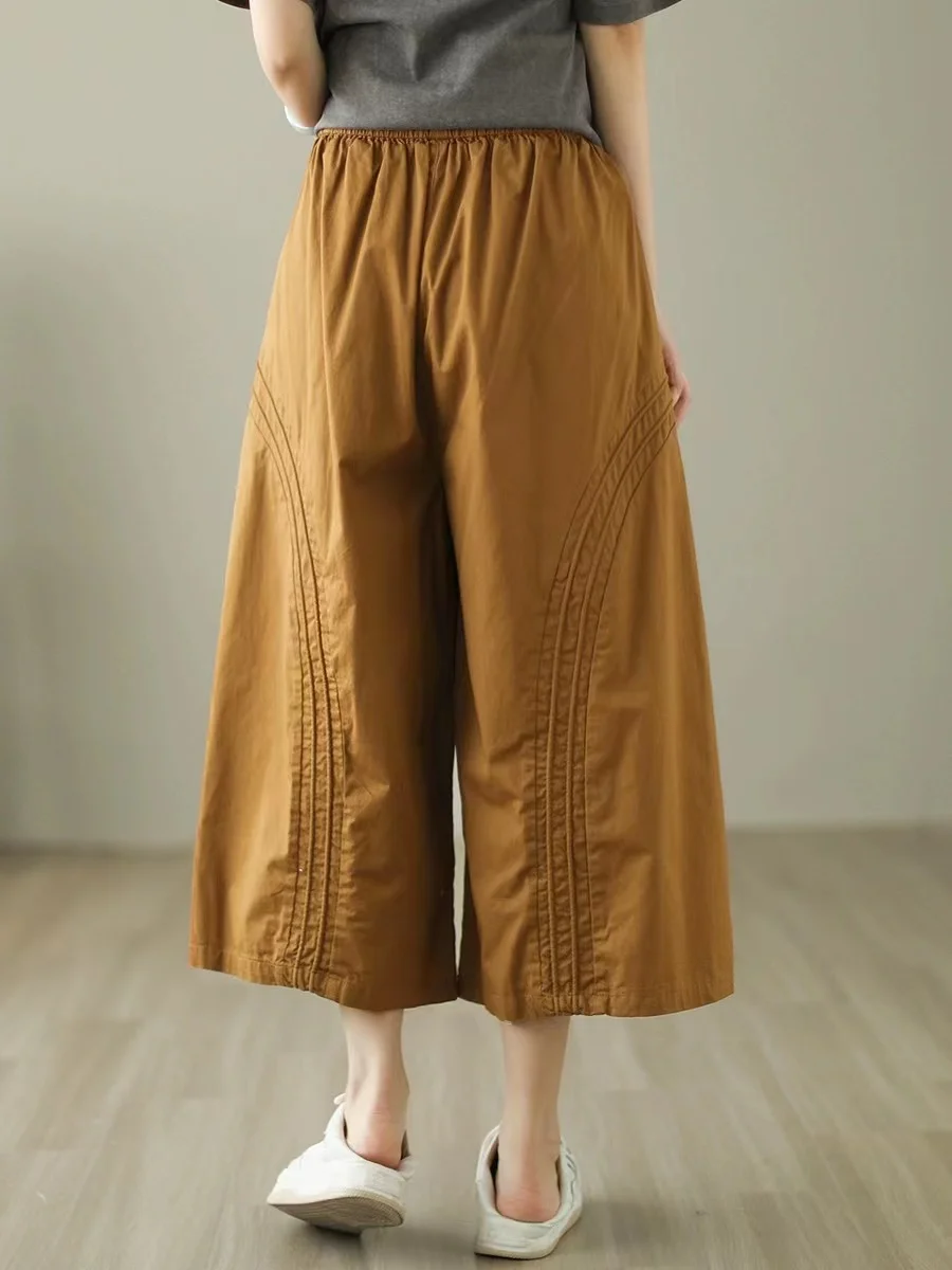 Retro algodão gingham calças de perna larga feminina verão solto simples cintura elástica nove pontos cinto calças saia casual