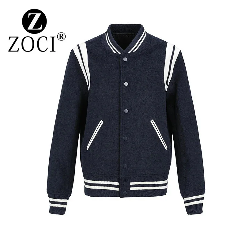 

[ZOCI]2024 New Woolen Short Casual Double White Strip Splicing Color Contrasting Baseball Jacket