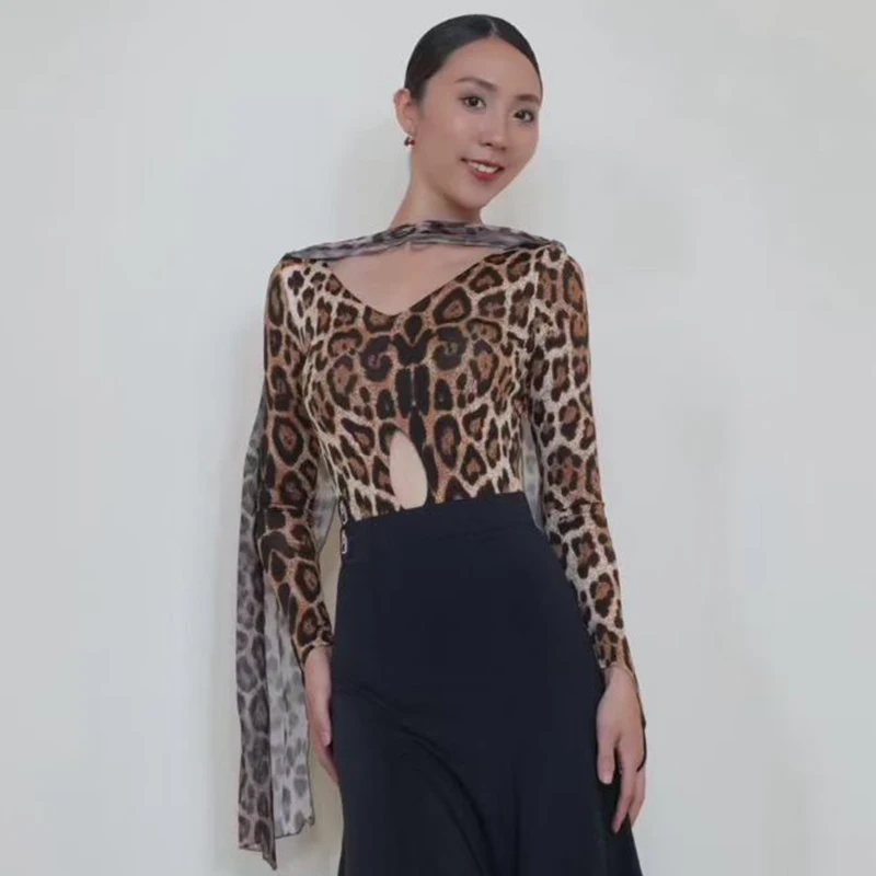 긴 소매 볼룸 댄스 탑 여성 라틴 댄스 연습 의류 레오파드 블랙 브이넥 백리스 바디수트 댄스웨어 BL18287