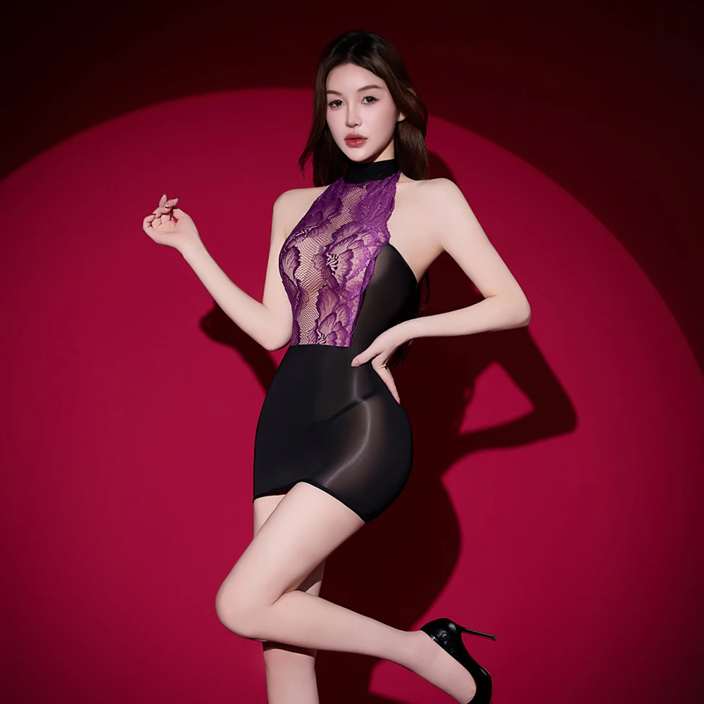 مثير المرأة الدانتيل عارية الذراعين الجوارب فستان 6D 912 دبوس النفط لامعة لامعة فساتين قلم رصاص صغيرة شير انظر من خلال فستان خادمة المرقعة