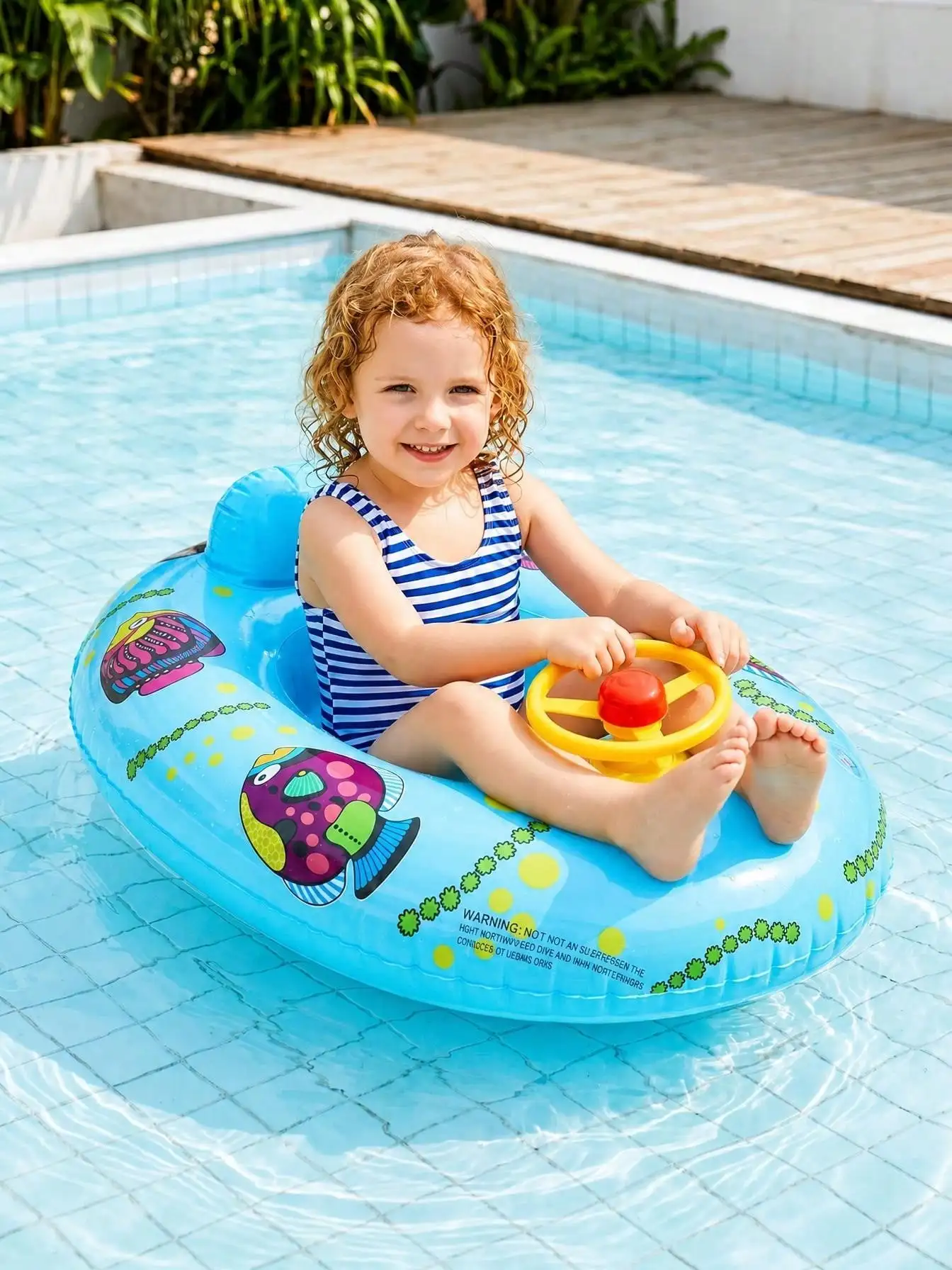 Cute Cartoon Fish Print Inflatable Toddler Pool Seat Float, Swimming Ring With Backrest & Steering Wheel, Thickened PVC Summer Water Play Swim Toy, Safe Pool Beach Floating Seat For Kids Boys Girls, Summer Holiday Water Game Gift