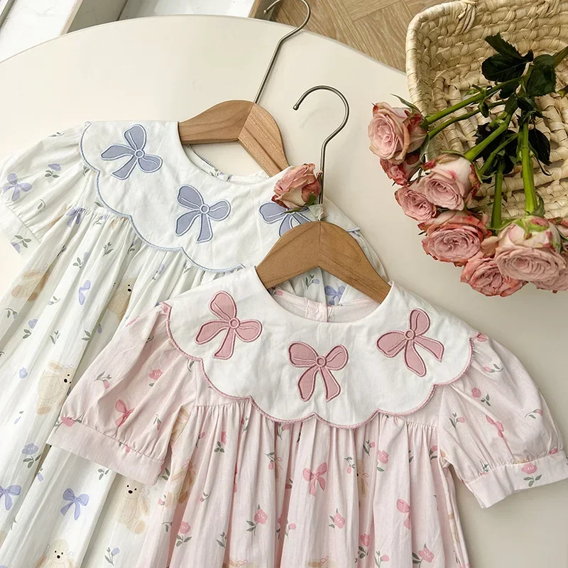 Korean Style Bow Flower Collar Girls Dress2024Summer Bear Printed Short Sleeve Princess Skirt