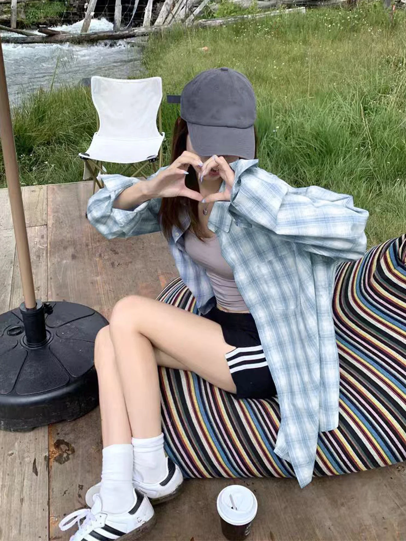 قميص منقوش باللون الأزرق الطازج والهواء للنساء، طراز قديم، واقي من الشمس، أنيق كسول، قميص ذو علامة تجارية متخصصة