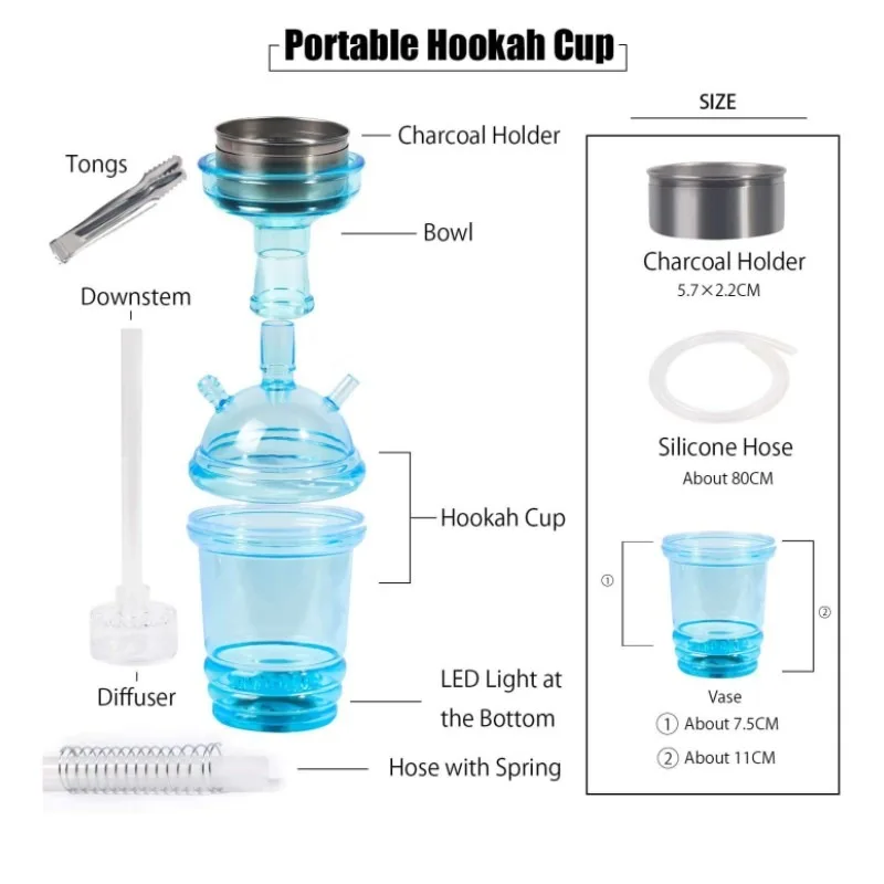 WEPUFF Design Cool Travel Cheap Shicha Plastic Sheesha Portable Small Retail Car Hookah Cup Shisha Set with LED Light Smoke Pipe