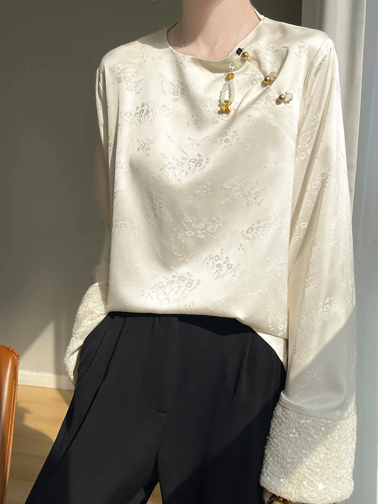 

Summer 2026 New round Neck Embroidered Thin Top Loose Slimming Chinese Style Bright Sequin Base Women's Casual Silk Shirt
