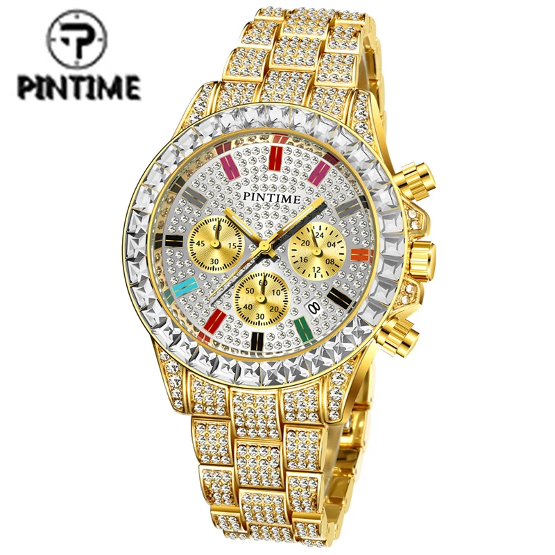 PINTIME Quartz Watch Men Luxury Full Diamond Hip Hop Gold Black Iced Out Watches Man Wrist Watch Clock Male zegarek meski montre