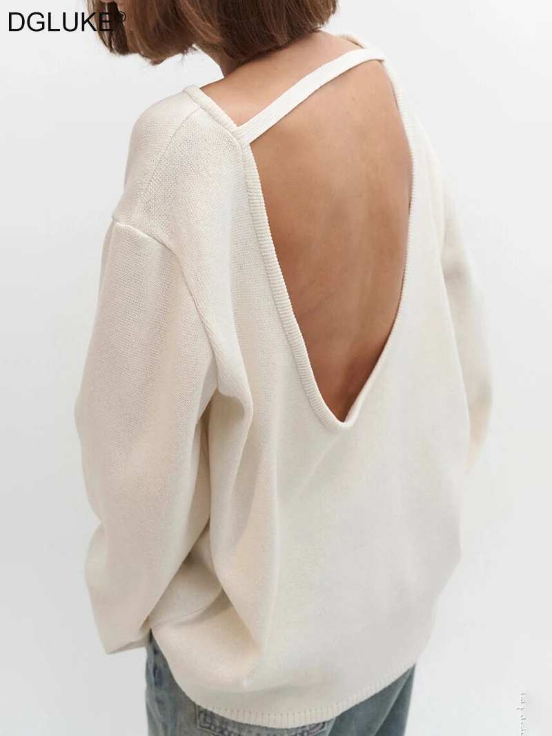 

DGLUKE White Backless Sweater For Women Long Sleeve 100% Cotton Sweater Oversized Knitted Sweater Autumn Spring