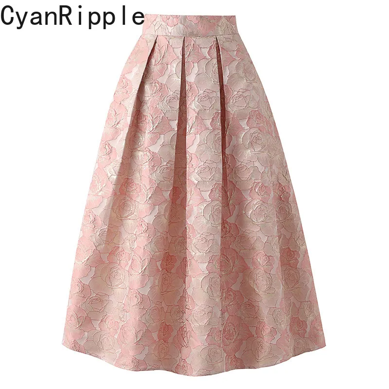 High Quality New Spring Autumn Pink Rose Jacquard Women Puff Skirt Elegant All-match High Waist Mid-length A-line Goddess Skirts
