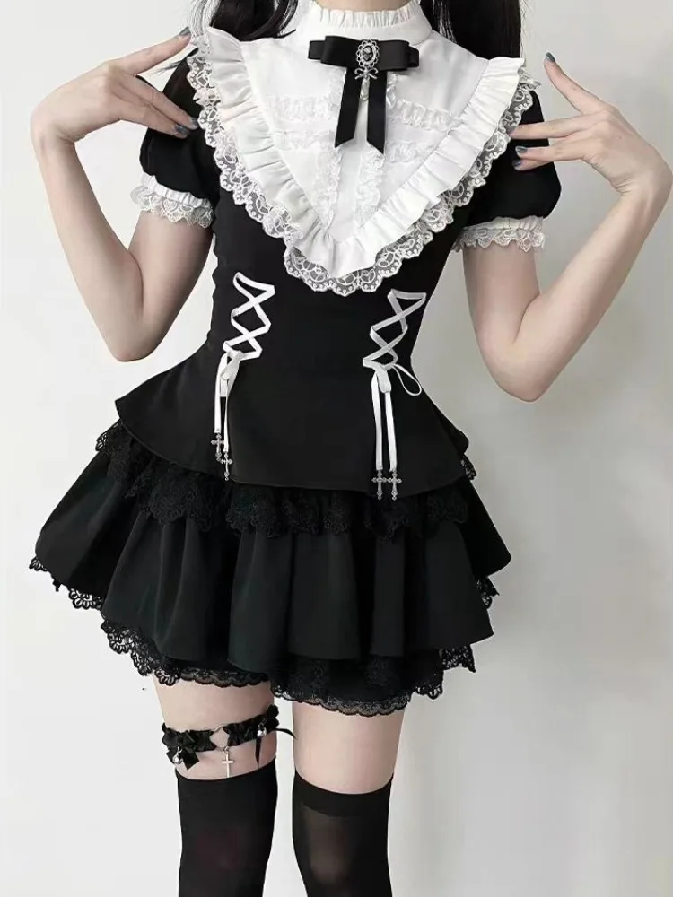 Conjunto de vestido de encaje Vintage gótico japonés para mujer, vestido ajustado Vintage de Lolita, Tops + pantalones cortos Y2K, conjuntos elegantes de moda de 2 piezas, nuevo