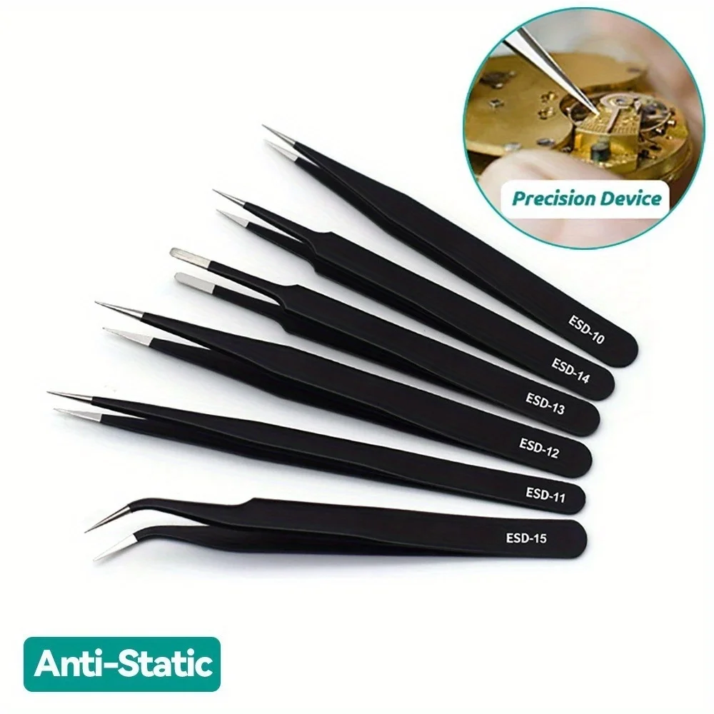 6pcs/set Anti-Static Stainless Steel Tweezers Precision Maintenance Industrial Repair Curved Working Model Making Hand Tool