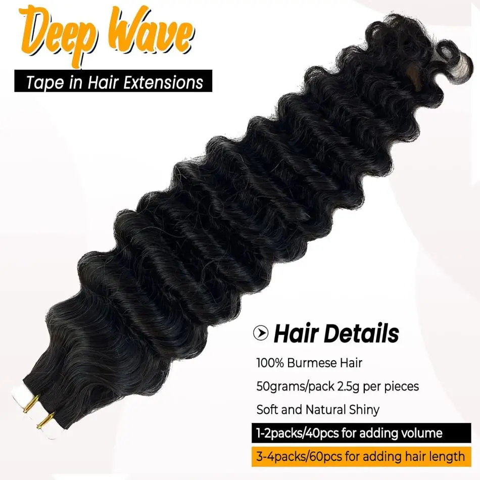 Deep Wave Tape In Hair Extensions Skin Weft For Women 100% Real Human Hair Natural Color 1B 16-26Inch For Salon High Quality