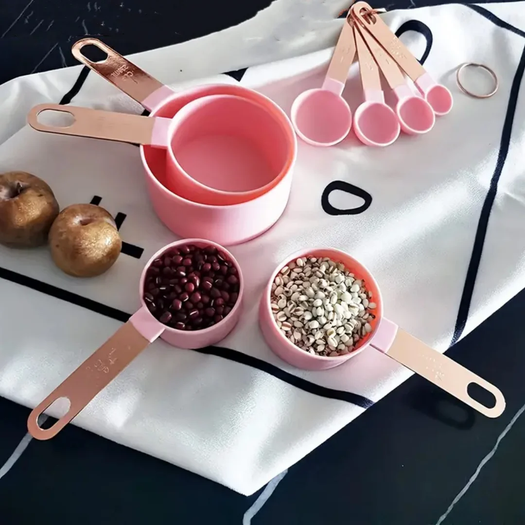 8pcs rose gold stainless steel handle measuring cup and spoon set for measuring ingredients kitchen baking measuring cup set