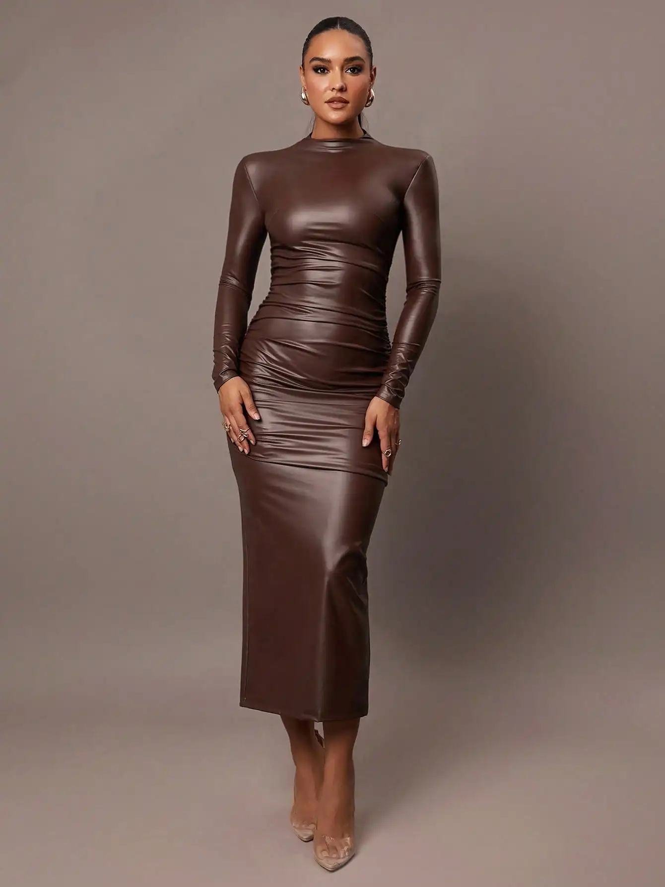 

Brown PU Long Sleeve Ruched Midi Dress for Autumn Winter Elegant Date Night Wear