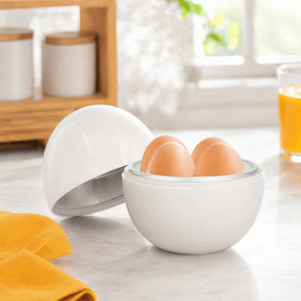 PP Aluminium Hard Boiled Egg Cooker White 4 Egg Capacity Microwave Egg Boiler Microwave Safe Egg Shape Egg Poacher Cooker