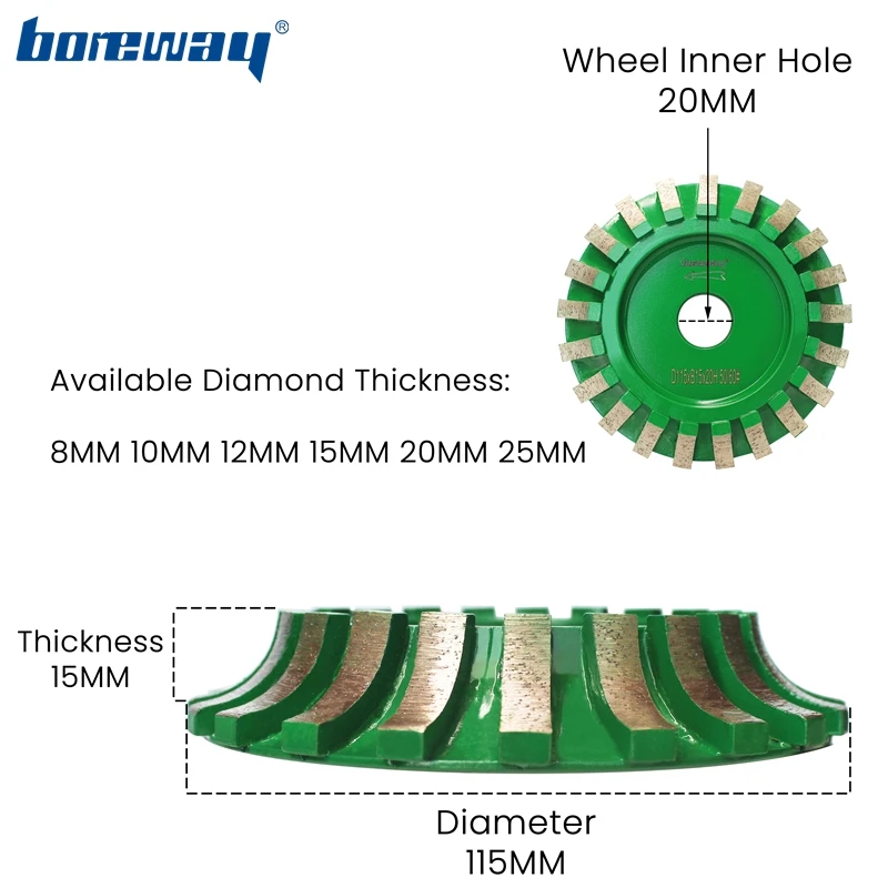 Boreway 1PC Wet Use Diamond Segmented Type And Metal Continuous Grinding Profile Wheels Disc D115xB15x20H For Ceramics And Tile