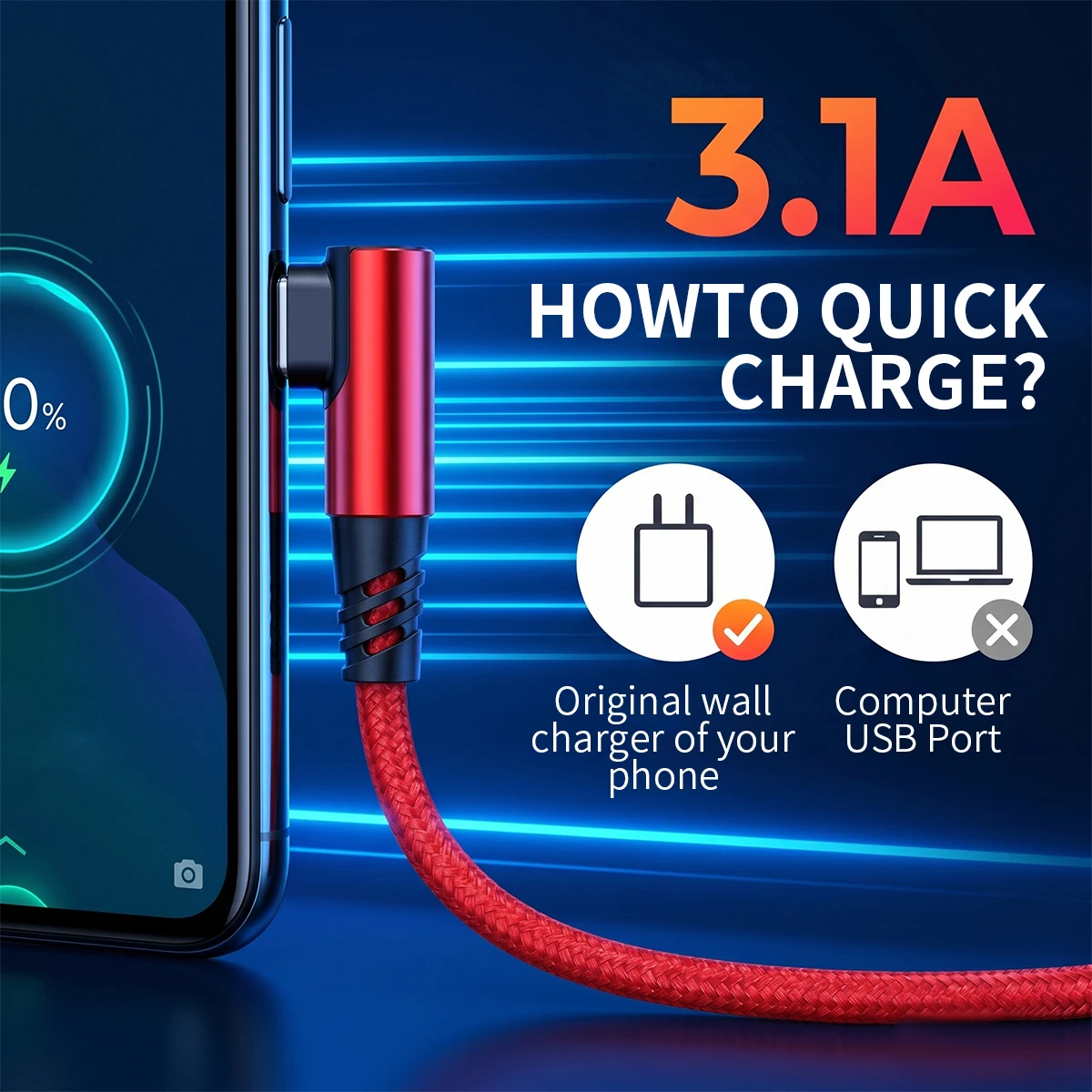 1M/2M/3M 45W 3A 90 Degree Elbow Design Mobile Phone USB C Charging for IPhone for Samsung