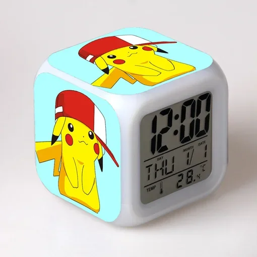 

8cm In Stock Pokemon Clock Night Light Colorful Changing Alarm Clock With LED Flash Light Pikachu Model Toy For Kid Student Gift