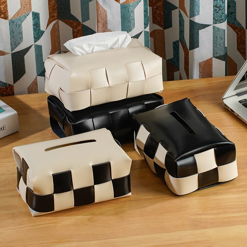 Checkerboard Woven Tissue Box Fashion Leather Napkin Case Living Room Office Desktop Home Decoration Creative Paper Towel Cover