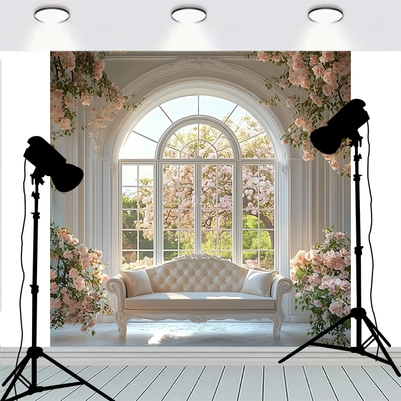 عيد الميلاد باب إكليل الديكور نافذة أمامية الوردي الزهور خلفية الألعاب النارية تظهر سنة جديدة سعيدة خلفيات للتصوير الفوتوغرافي MR-05