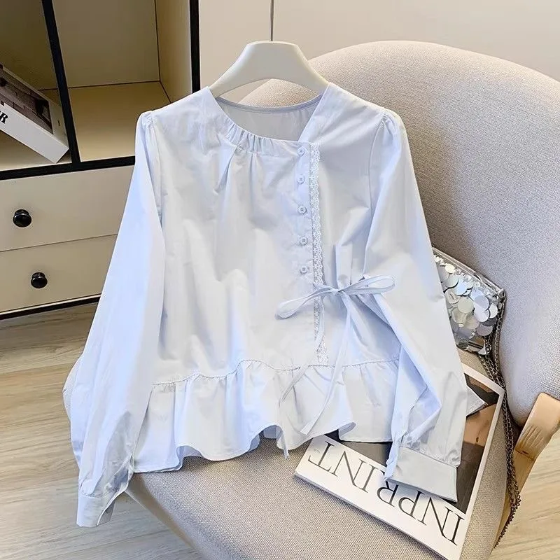 Round Neck Partial Lace Placket Blouse, Side Self Tie Waist Puff Long Sleeve Ruffled Hem Cropped Shirt, Solid Casual Blouse