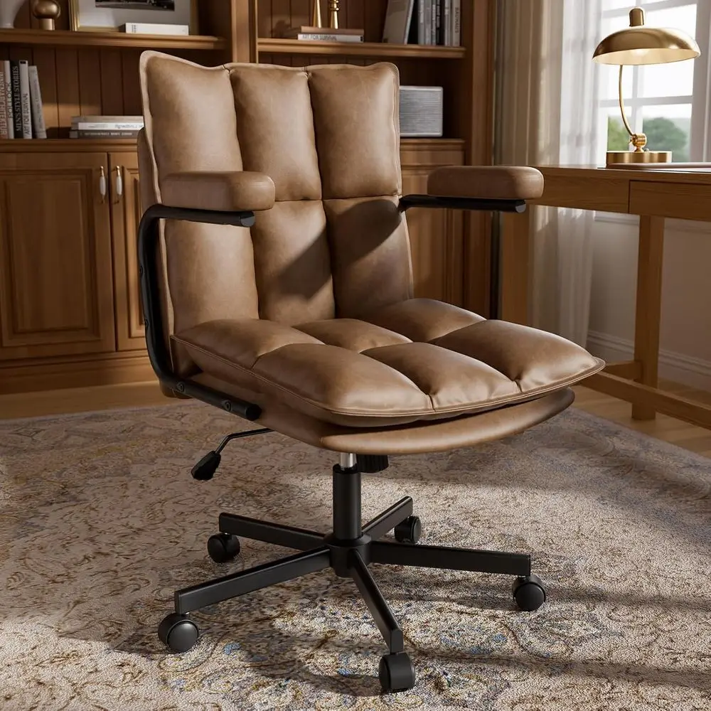 

Mid-Century Style Leather Desk Chair with Padded Seat and Back, Adjustable Height, Wheels for Office or Home Use