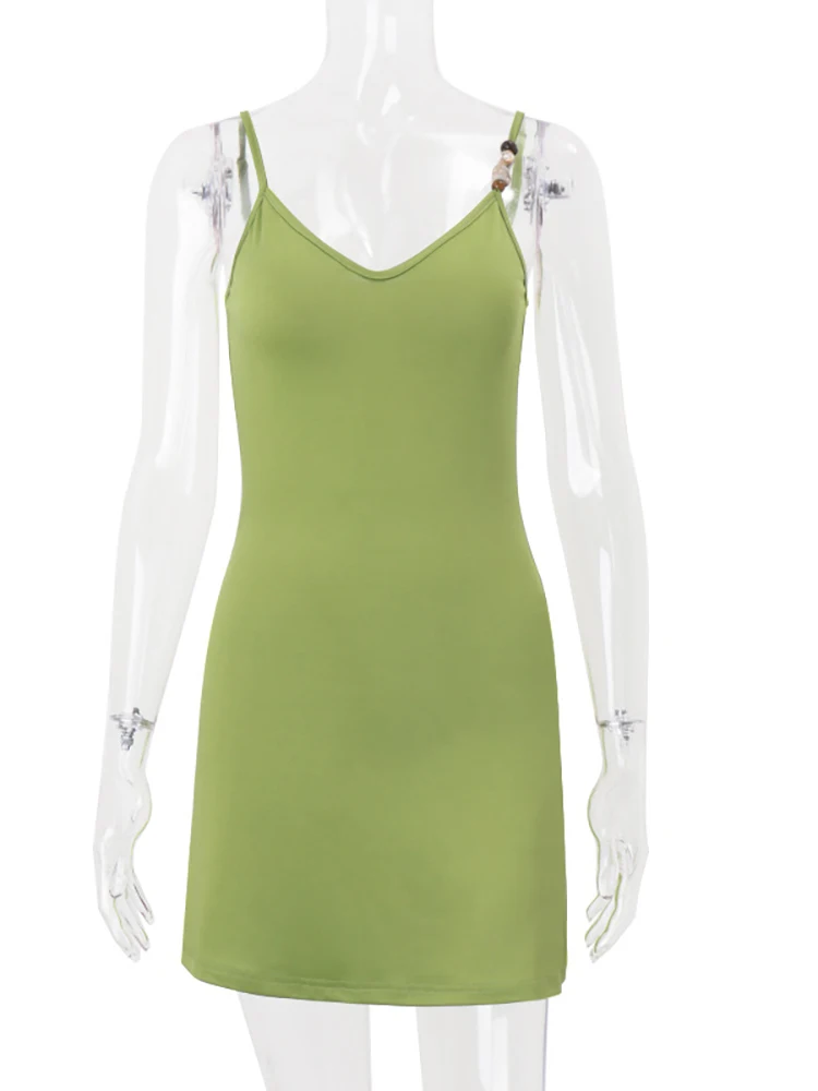 Fantoye セクシーな V ネックミニドレス女性グリーンスパゲッティストラップハイウエストドレスファム夏スリムカジュアルホリデーストリート Vestidos