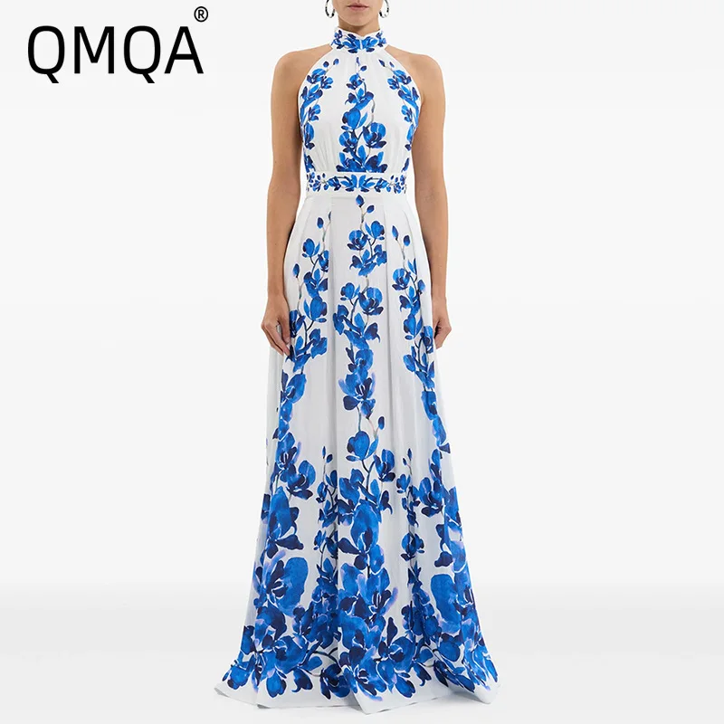 

QMQA Fashion Women's Printed Leisure Vacation Maxi Dress Hanging Neck High Waist Long Dresses 2025 Summer New Clothing QM571
