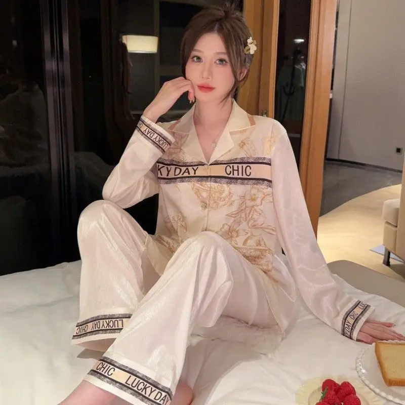 Ice Silk Pajamas Women Spring Autumn Long Sleeves Pants 2024 Newex Travagant Advanced Sense Letter Jinzhiyuye Hanging Home Suit