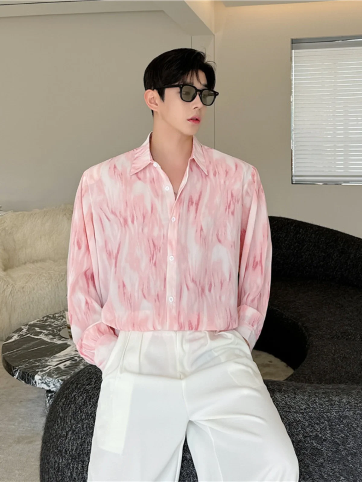 

Korean Loose Long Sve Men's Casual irt Faionable All-Match Drapey Nightclub Sle Outerwear Polyester Blend Autumn