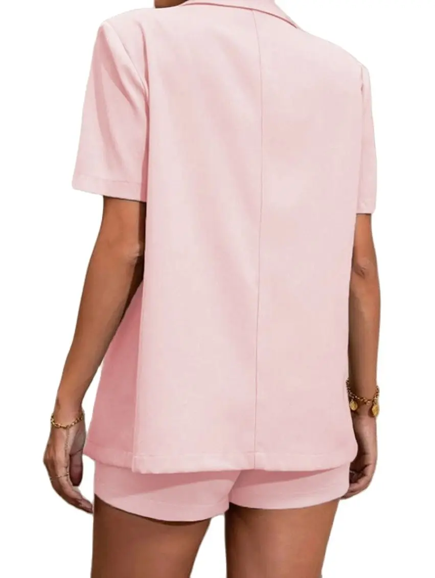 Two Piece Set For Women Solid Color Notched Collar Short Sleeve Blazer & Casual High Waist Pocket Design Shorts Set Summer 2023