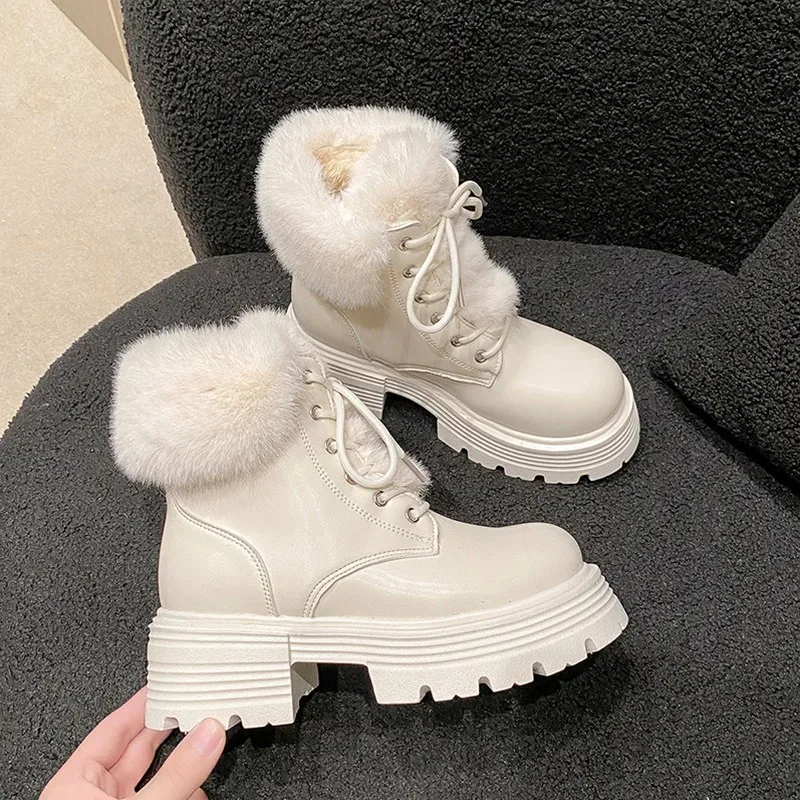 

Womens Snow Boots Winter Plush Warm Cotton Boots High Quality Casual Leather Boots for Women Lace Up Ankle Boot Botines De Mujer