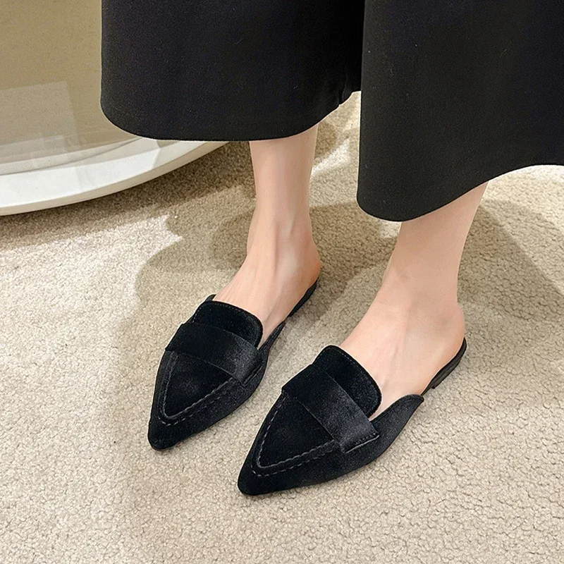 Flats Women Pointed Toe Mules Shoes Spring New Suede Slippers Cozy Shoes 2024 Sandals Fashion Flip Flops Mujer Zapatos Slingback