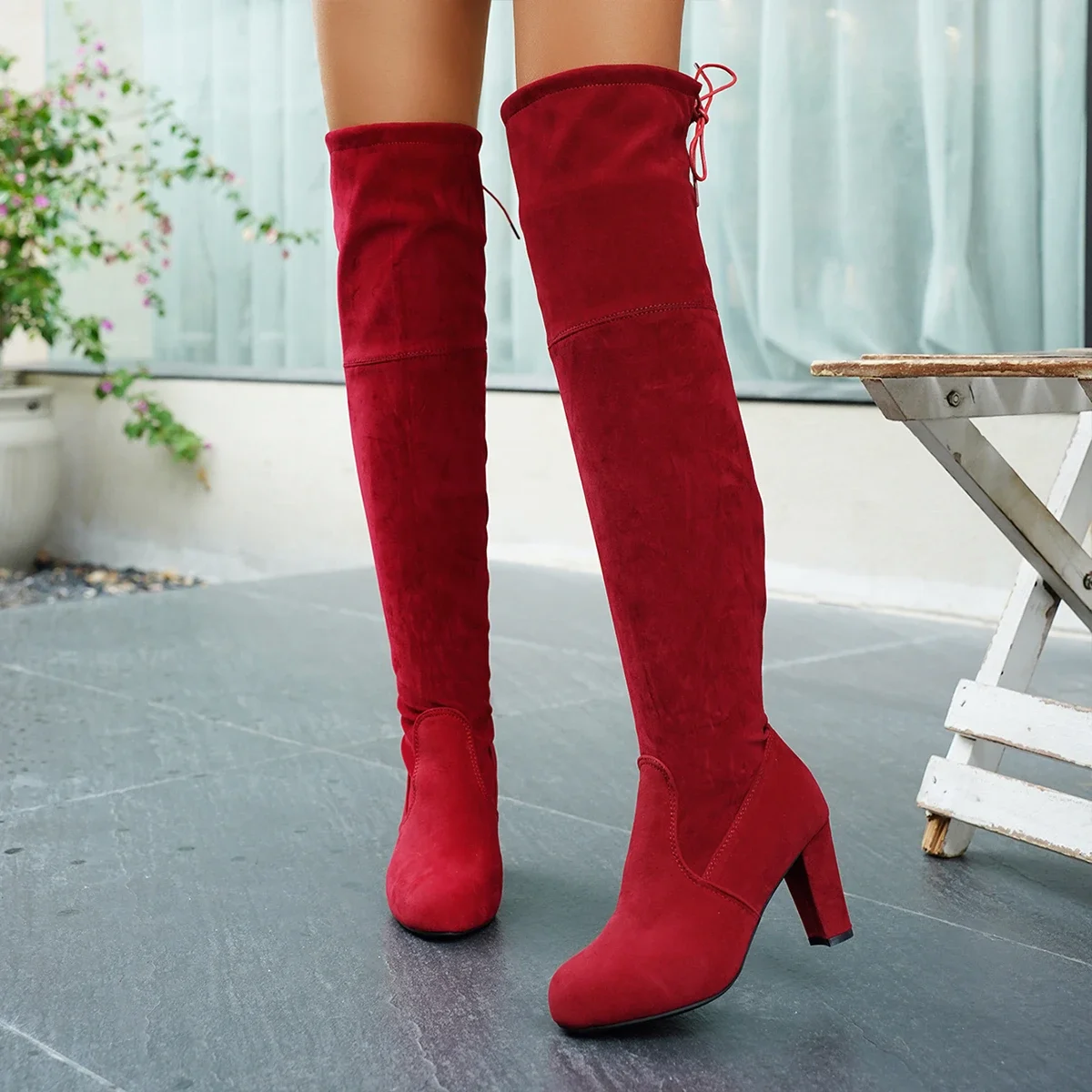 Winterliche europäisch-amerikanische neue Damen-Overknee-Stiefel mit hohem Absatz, rundem Schaft und Schnürung – modische, sexy Stiefel für Nachtclub-Partys und moderne Anlässe – Detail 14