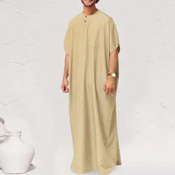 Men Fashion Long Robes Short Sleeve Round Neck Robe Man Vintage Solid Color Muslim Kaftan Long Shirts Casual Jubba Thobe