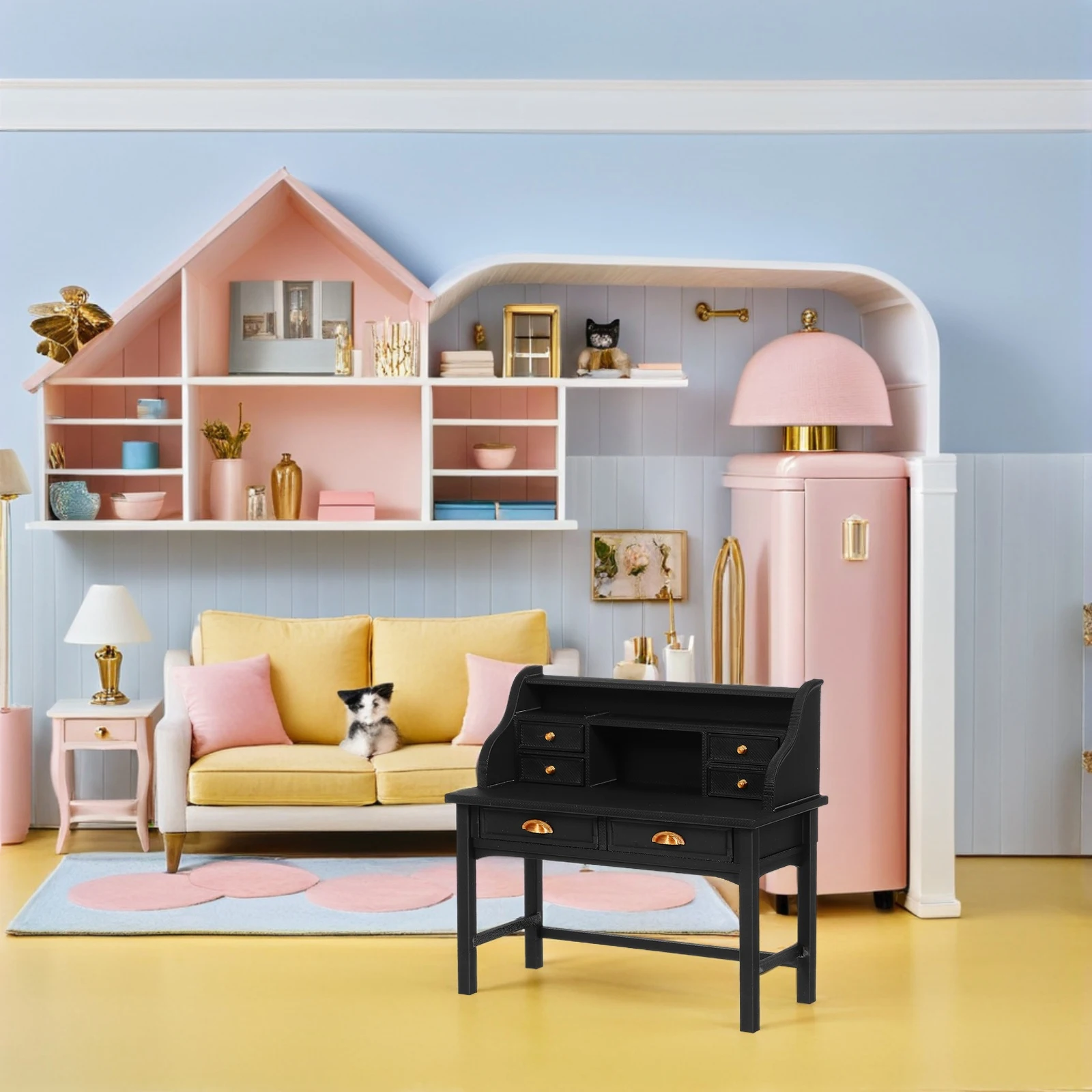 Mesa de estudo em miniatura em escala 1:12, mini móveis realistas para quarto, biblioteca, mesa resistente, acessório para brincar de fingir, quarto infantil