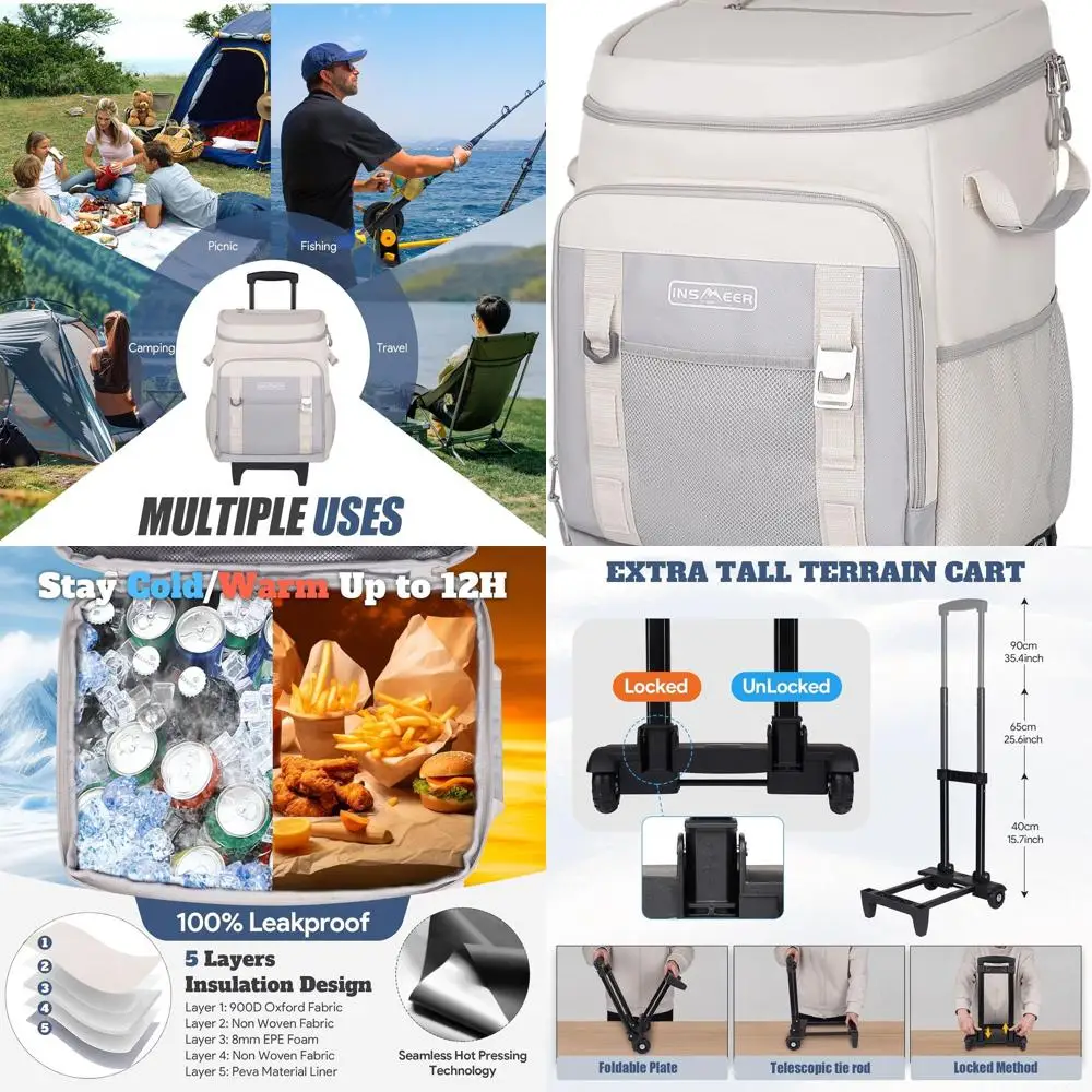 

Портативный мягкий холодильник на колесиках емкостью 80 банок/50 л с колесами и ручкой для покупок и на открытом воздухе