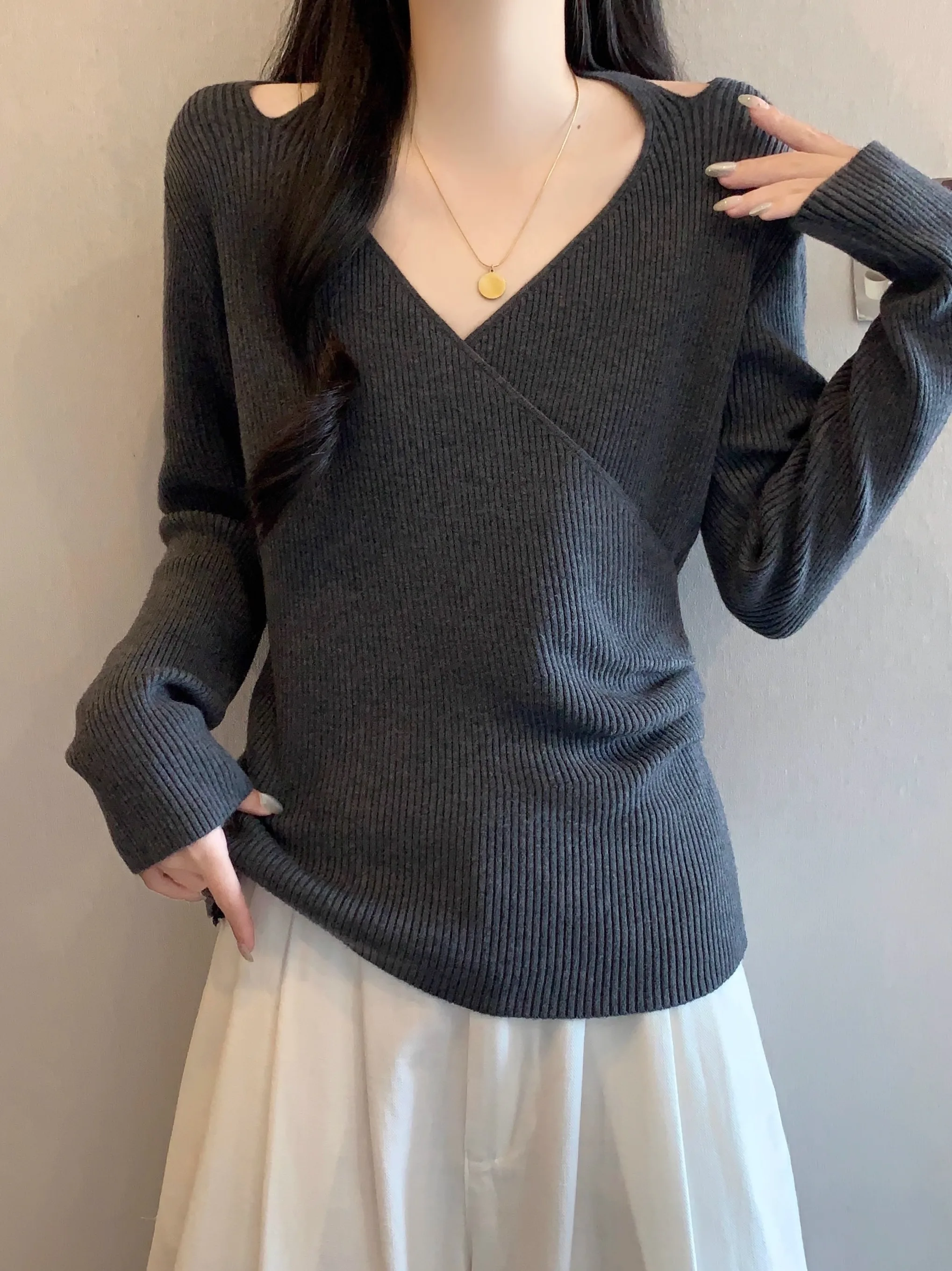 

ay V-Ne Long Sve Knitted Sweater Women's Autumn Winter plus Size Slimming Base irt Trendy Beautiful Top