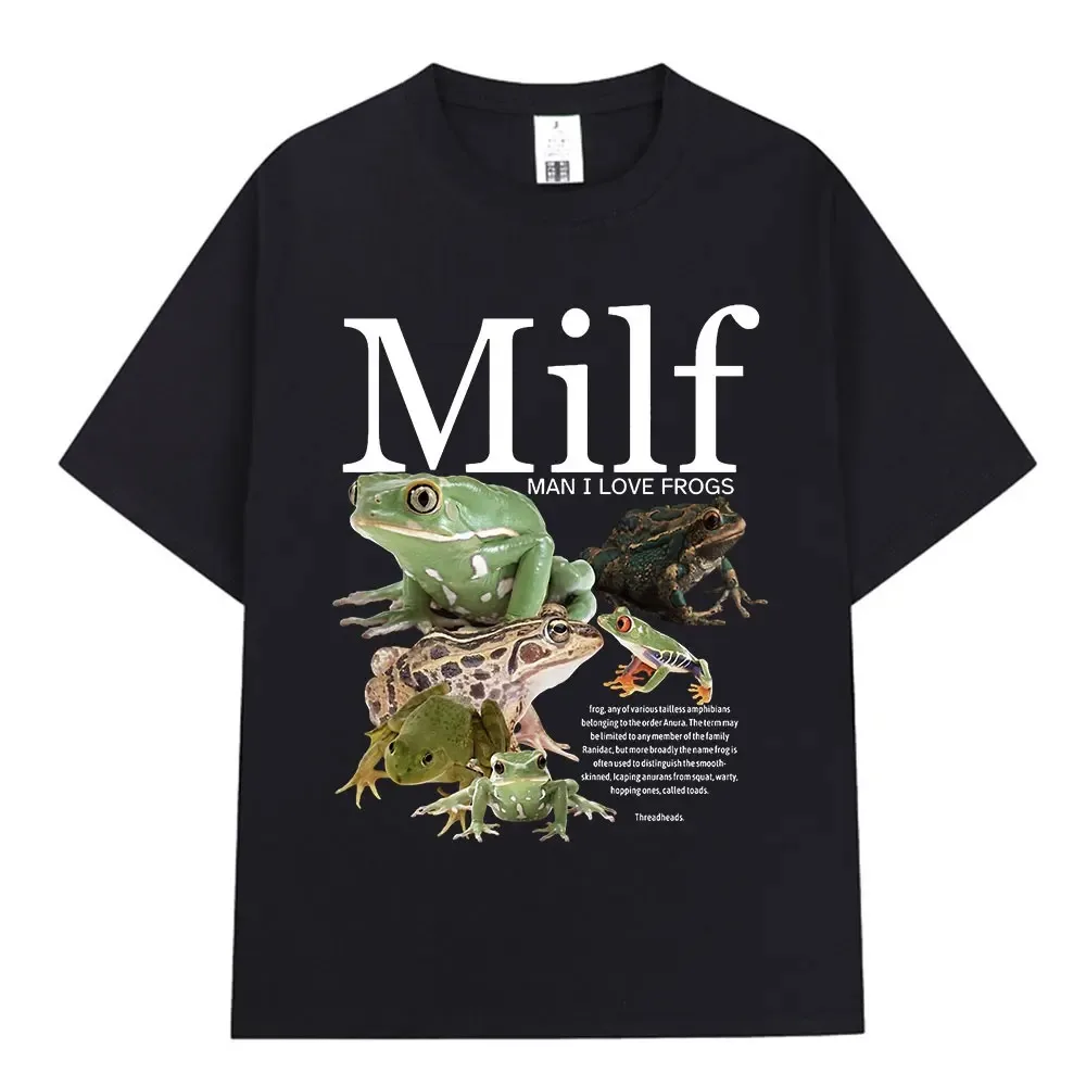 Camiseta divertida de hombre MILF I Love Frogs, camiseta negra con diseño de rana verde, regalo humorístico para amantes de los animales, pantalón corto informal de manga
