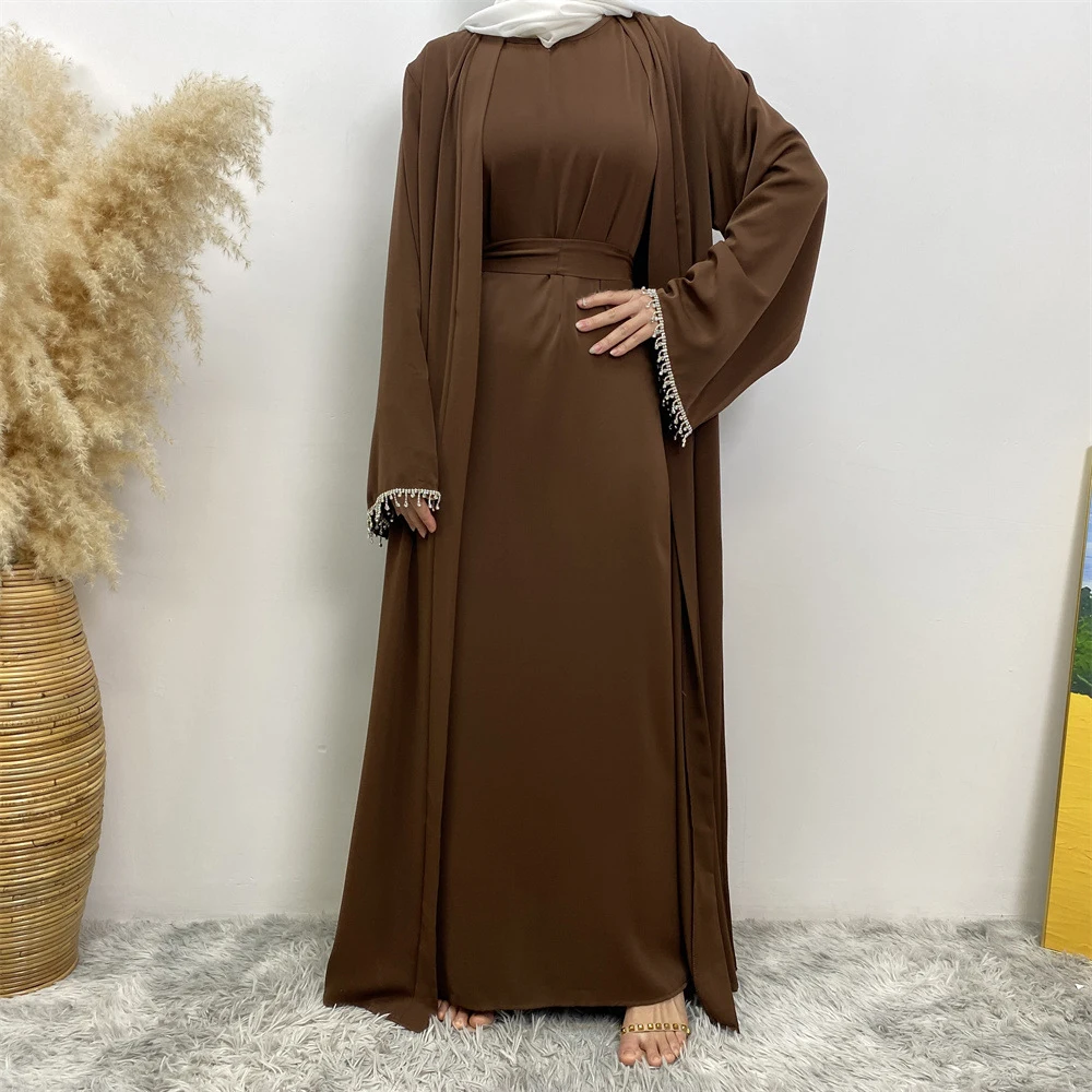 

2 Piece Abaya Muslim Women Open Kimono Inner Maxi Dresses Set Turkey Kaftan Islamic Arab Party Eid Dubai Jalabiya Caftan Outfits