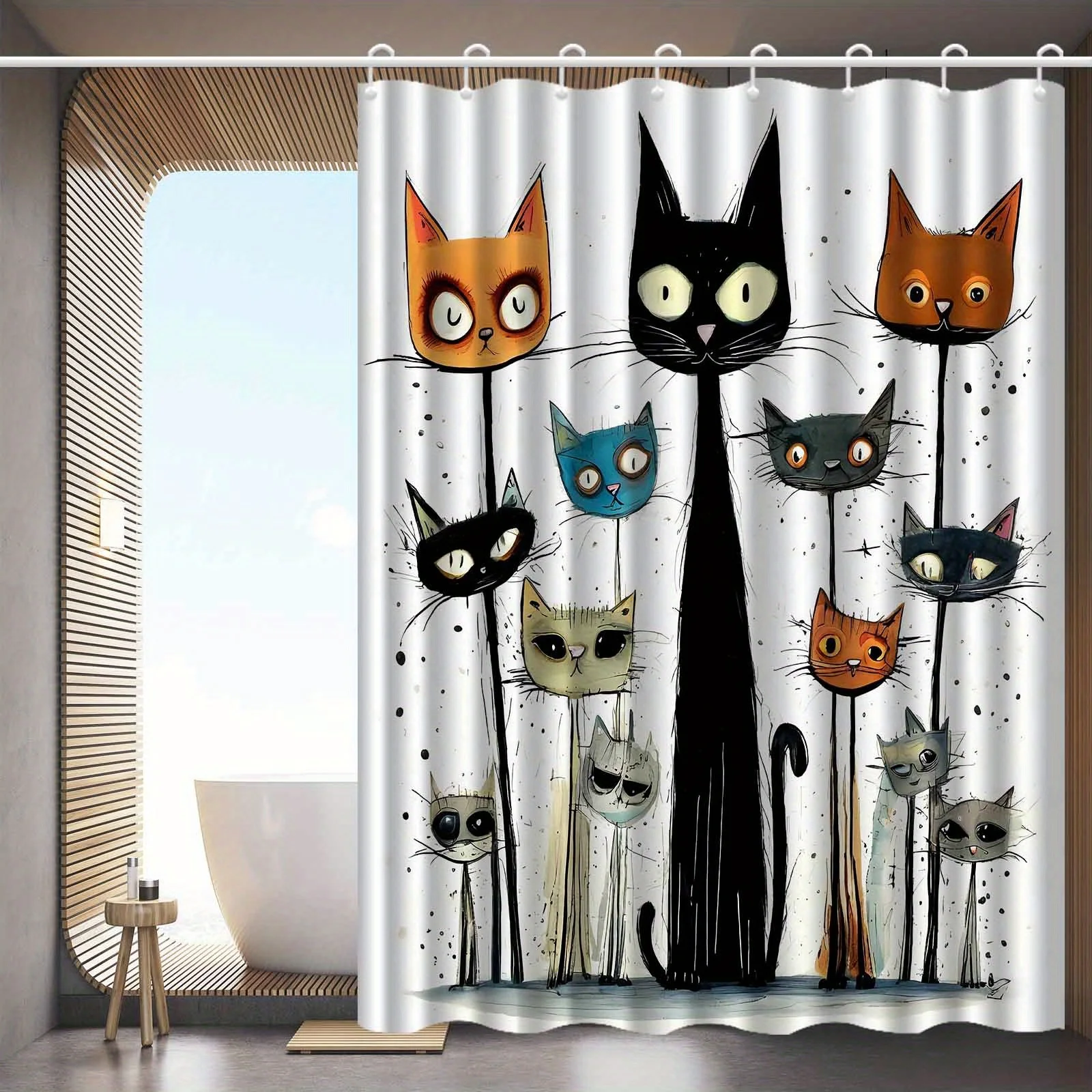 

1 шт., занавеска для душа с семью головами кота, абстрактный милый художественный узор, высококачественная элегантная занавеска для ванной комнаты, узор украшения ванной комнаты