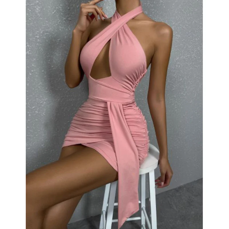 2024 Summer Women Chic Korean Style Vacation Dress Lady Sexy Solid Color Halter Backless Dress Female Designer Ruched Skirts