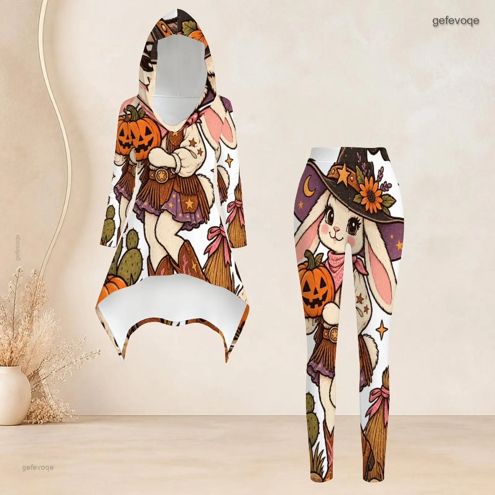 Women Cartoon Ghost Pumpkin Printed Hooded Long Sleeve High Low Top and Fitted Leggings Two Piece Set