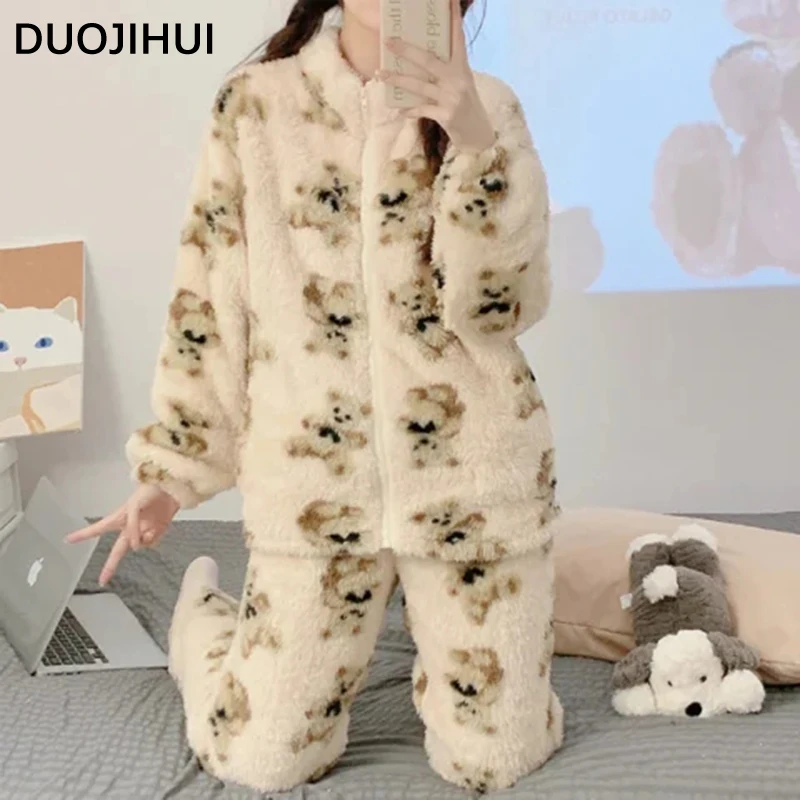 DUOJIHUI-Pyjama cardigan à fermeture éclair pour femme, pantalon décontracté pour femme, optique glouton d'hiver, ensembles de pyjamas féminins basiques, mode, document de sort