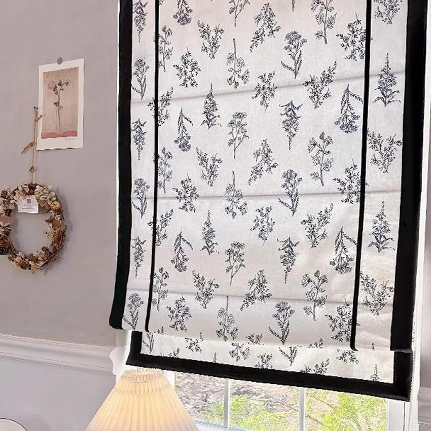 Pastoral Printed Leaves With Black Border Trims Flat Roman Shades Customized Roman Blinds With Installation Included