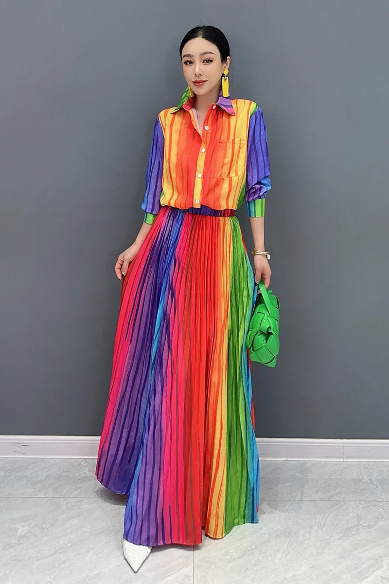 2024 Autumn New Women Set Colorful Shirt Loose Folds Colorful Large Swing Long Skirt Two Piece Set J392